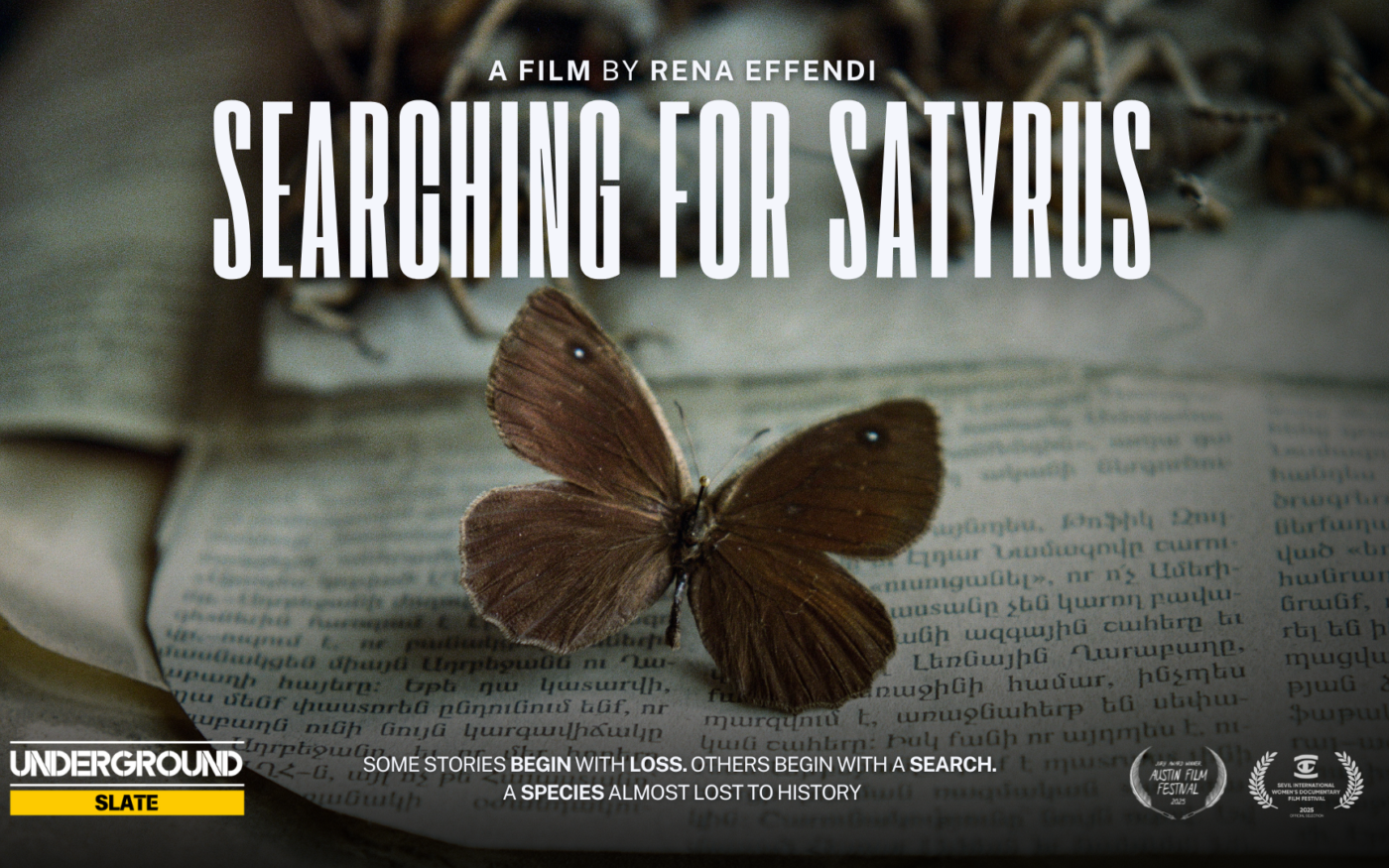 A butterfly over a paper script, with a headline of the film 'Searching For Satyrus'