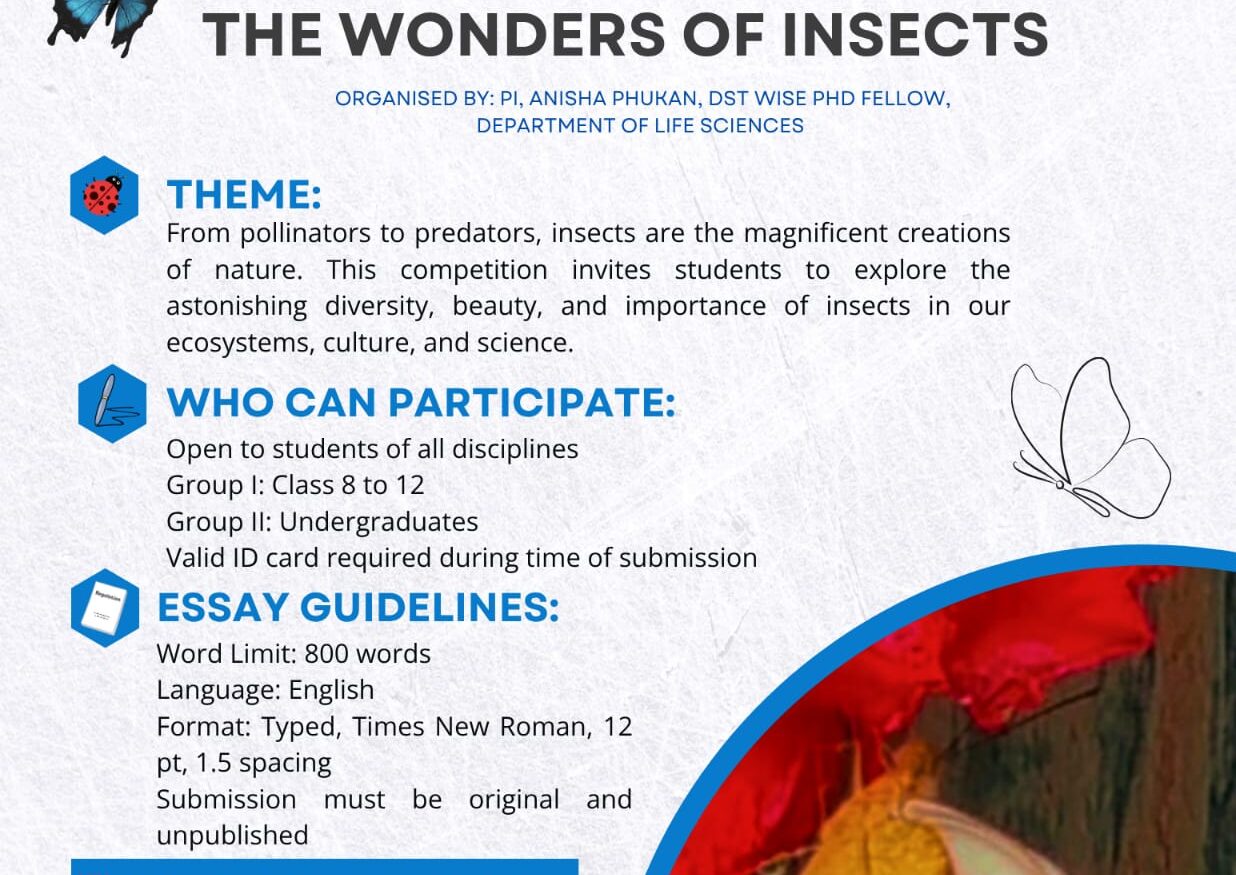 Image shows a colorful flyer announcing an essay competition titled “The Wonders of Insects,” organized by the Department of Life Sciences, Dibrugarh University.