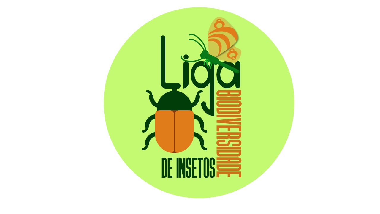 The logo of the academic league of studies in insect's biodiversity; Colors: orange, green, yellow; There are some insects as dragonflies, butterflies and beetles near to the writing of our league